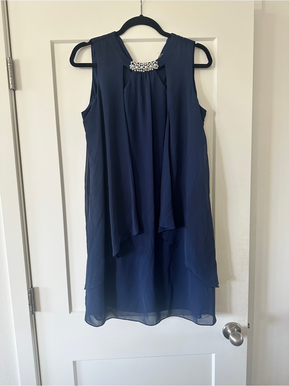 SLNY Navy Sleeveless Chiffon Midi Dress with Beaded Neckline